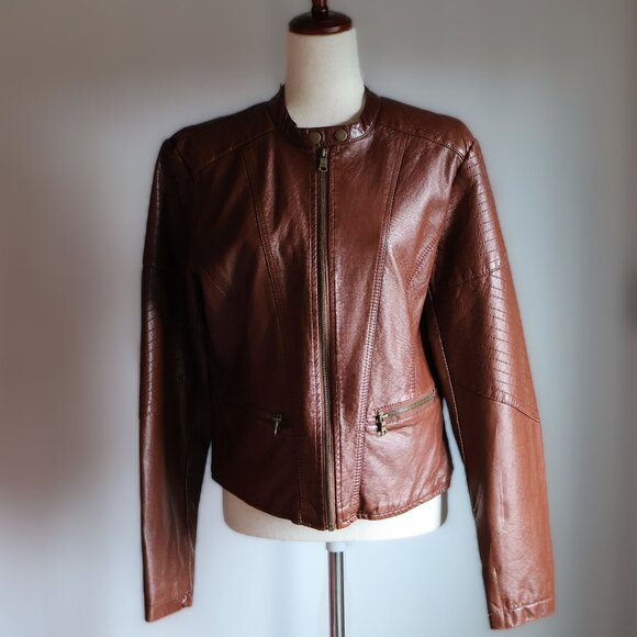 Xhilaration Faux Leather Jacket Brown Womens L Quilted Details - Picture 2 of 9